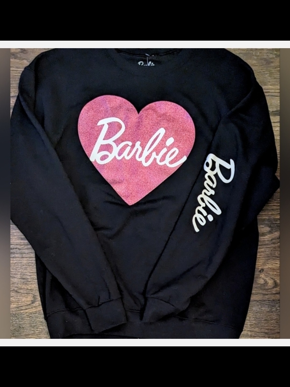 Barbie Black Crewneck Sweatshirt with Pink Heart Graphic